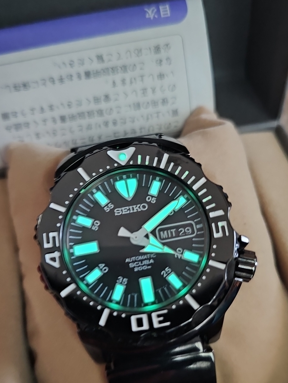 Seiko Black Gen1 Monster 200m Dive Watch with Green Lume
